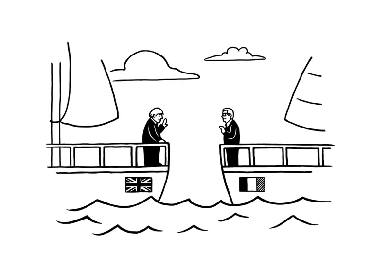 Two men stand on separate boats, facing each other, with flags of the United Kingdom and Italy visible on the boats.