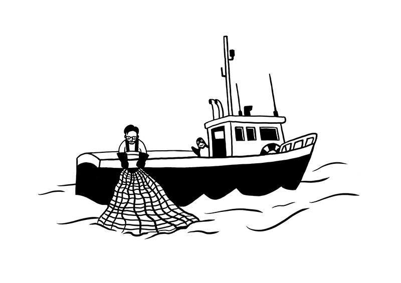 A person with glasses stands on a boat pulling a fishing net from the water.