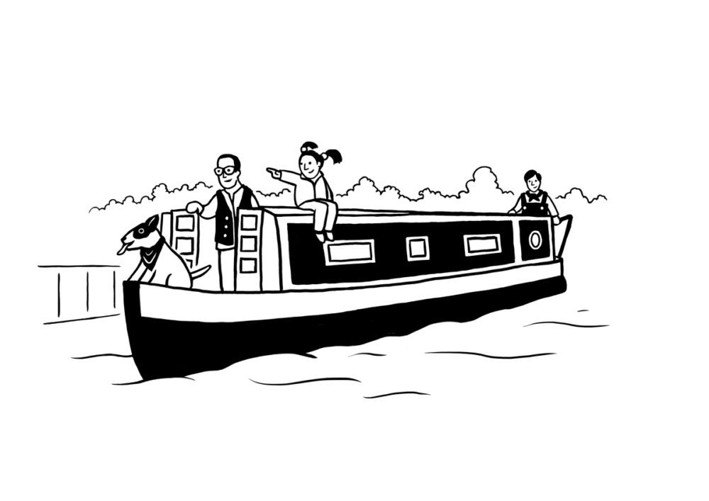 A family with a dog is riding a boat on water. One child is pointing forward while seated on the roof of the boat, surrounded by trees.