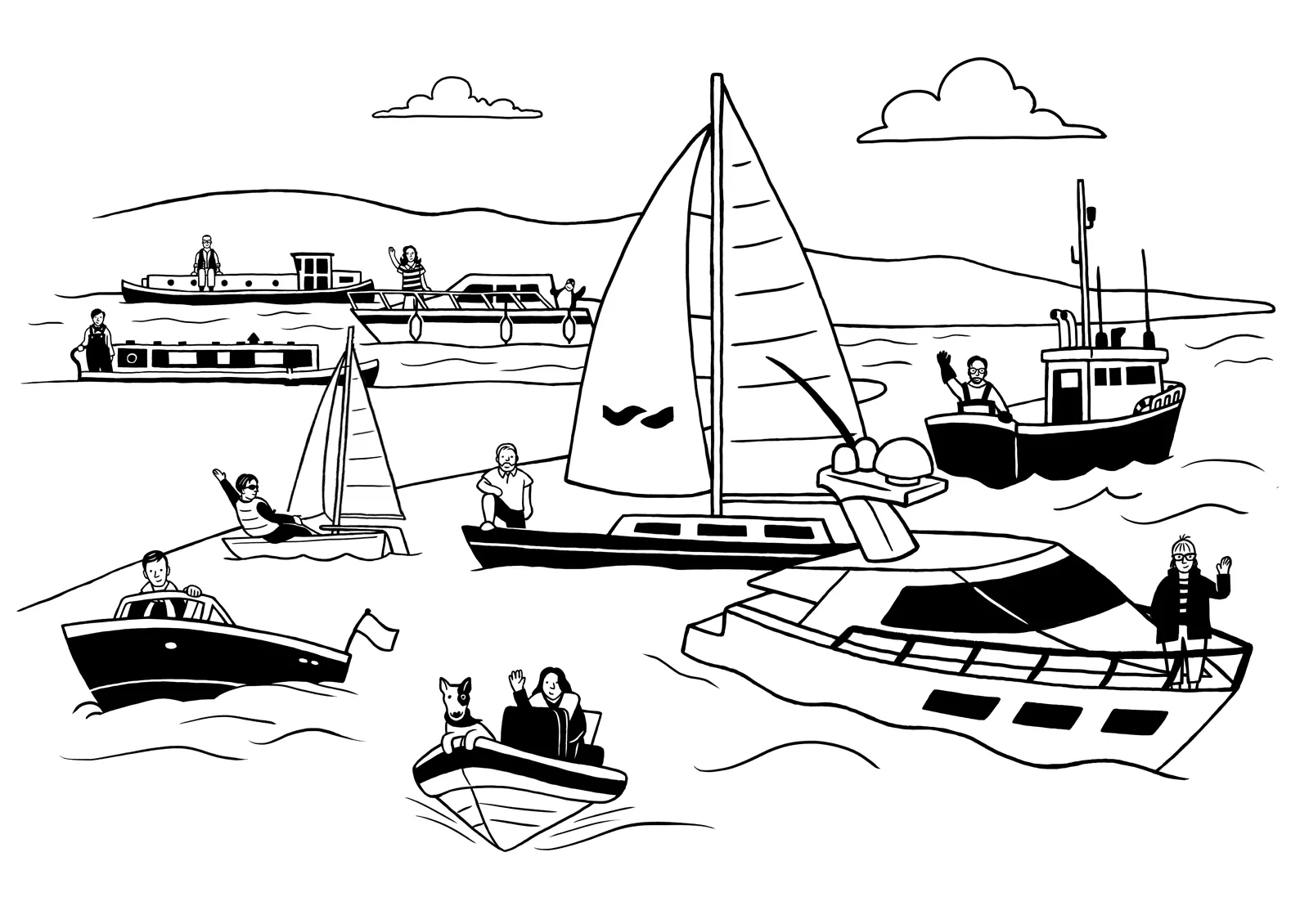 Boats of various sizes and types sailing on a body of water with people engaging in different activities on board.