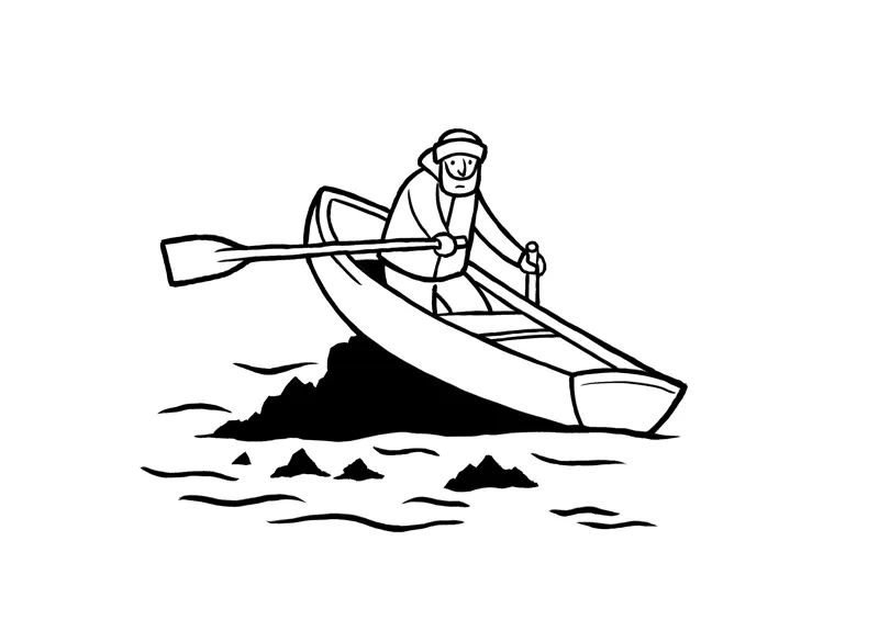 Person in a rowboat navigating through water with paddle, wearing a hat and jacket.