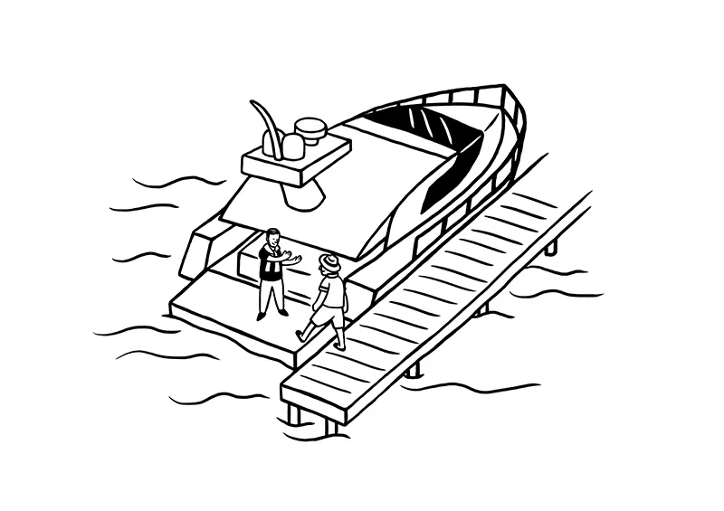 Two people stand on a dock next to a boat; one person is on the dock, and the other is on the boat, both gesturing.