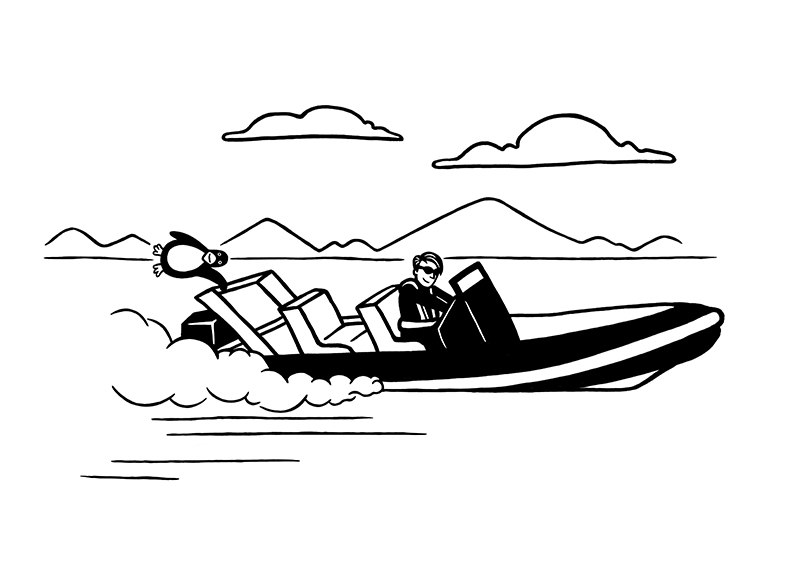 A person drives a motorboat rapidly on water, with a penguin tumbling out from the back. Mountains and clouds are in the background.