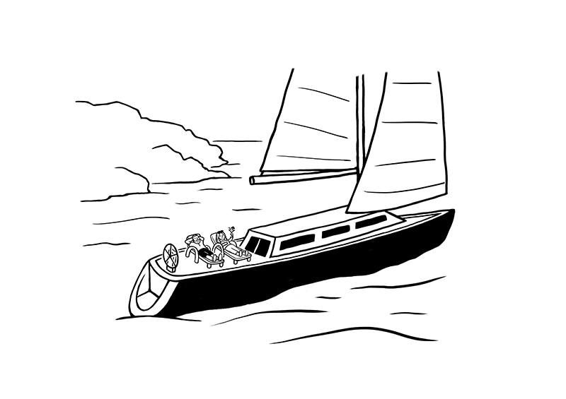 Line drawing of a sailboat with two people sitting on deckchairs, sailing near a coastline.