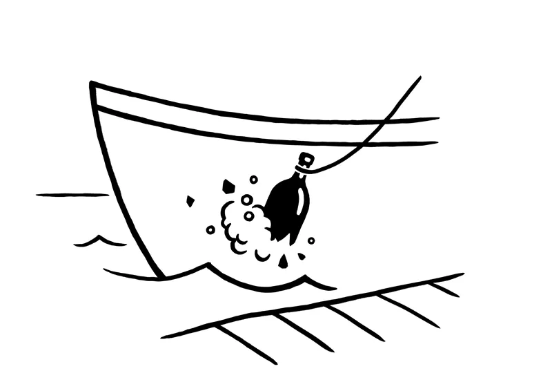 A bottle smashing against the hull of a boat, symbolizing a ship christening.