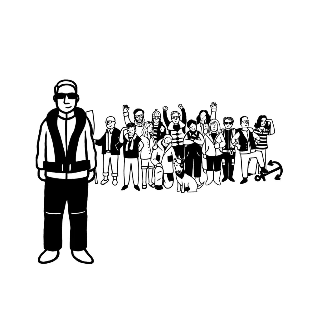 Illustration of a group of diverse people standing together, with one person in front wearing a jacket and headphones.