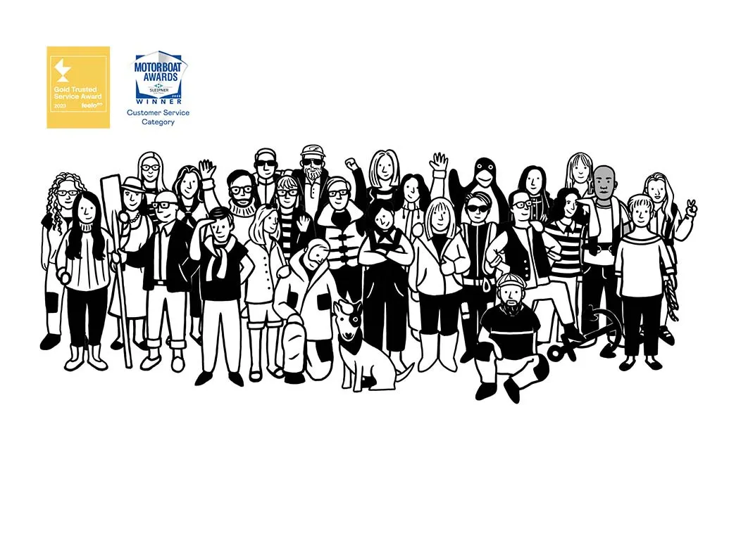 Illustration of a diverse group of people posing together, with various awards and recognitions highlighted on the side.