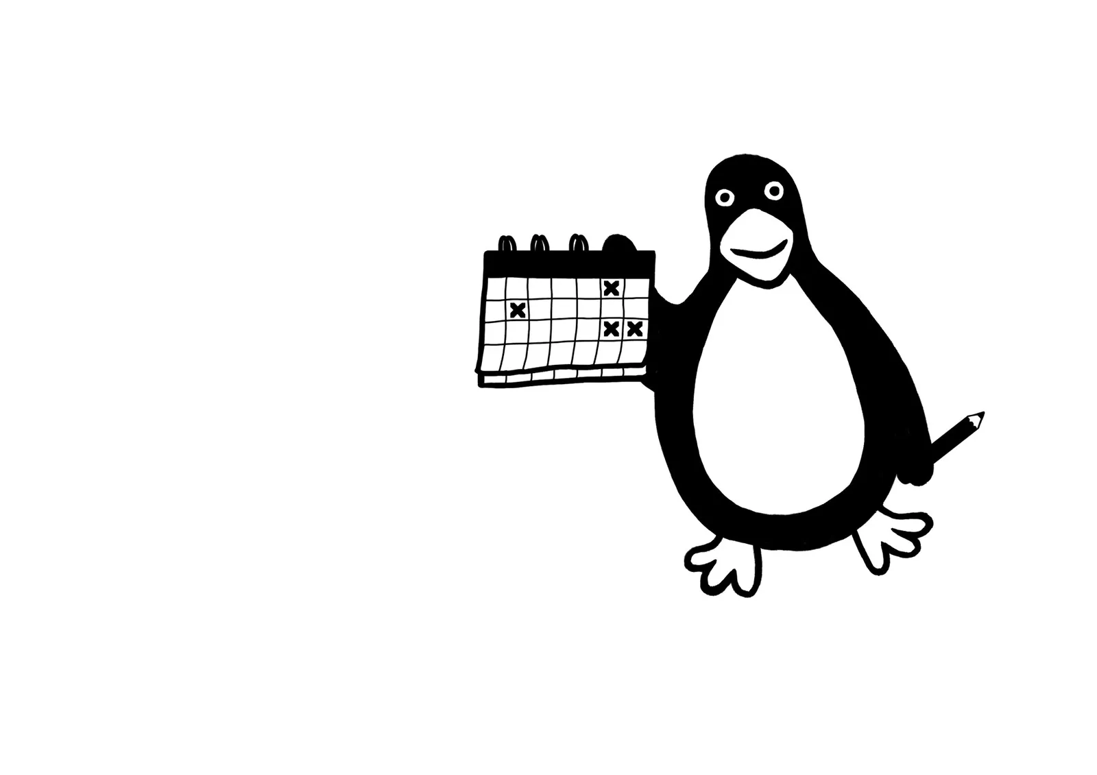 A cartoon penguin holding a calendar with marked dates and a pencil.