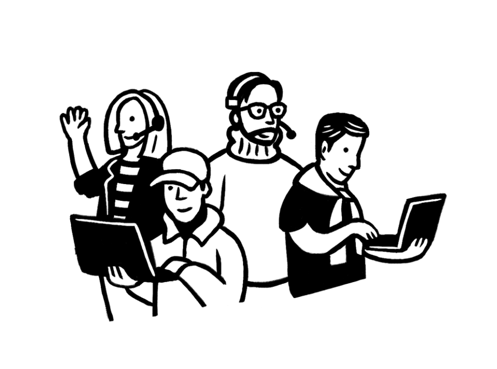 Illustration of four people with laptops and headsets, one waving, engaged in various activities, likely working or communicating.