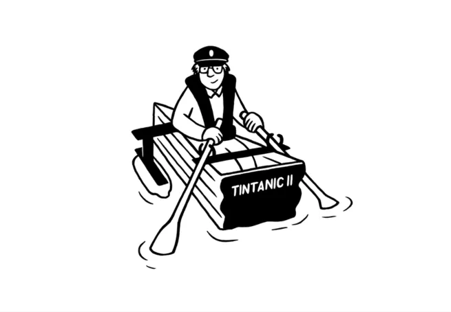 A person wearing glasses and a cap is rowing a makeshift boat labeled 