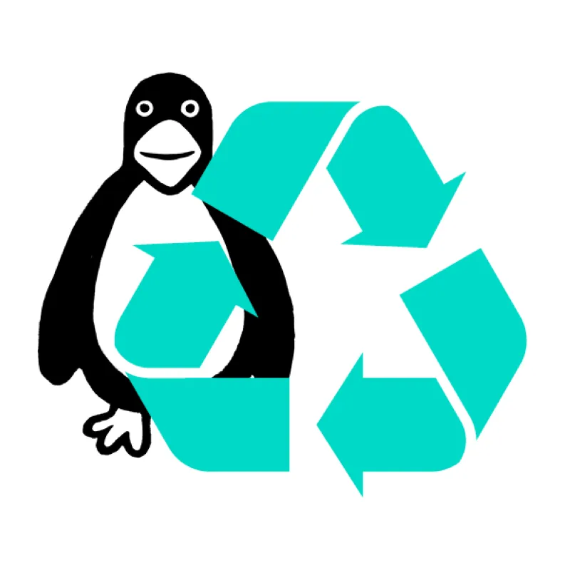 A black and white penguin standing beside a teal recycling symbol, which displays three arrows forming a triangle.