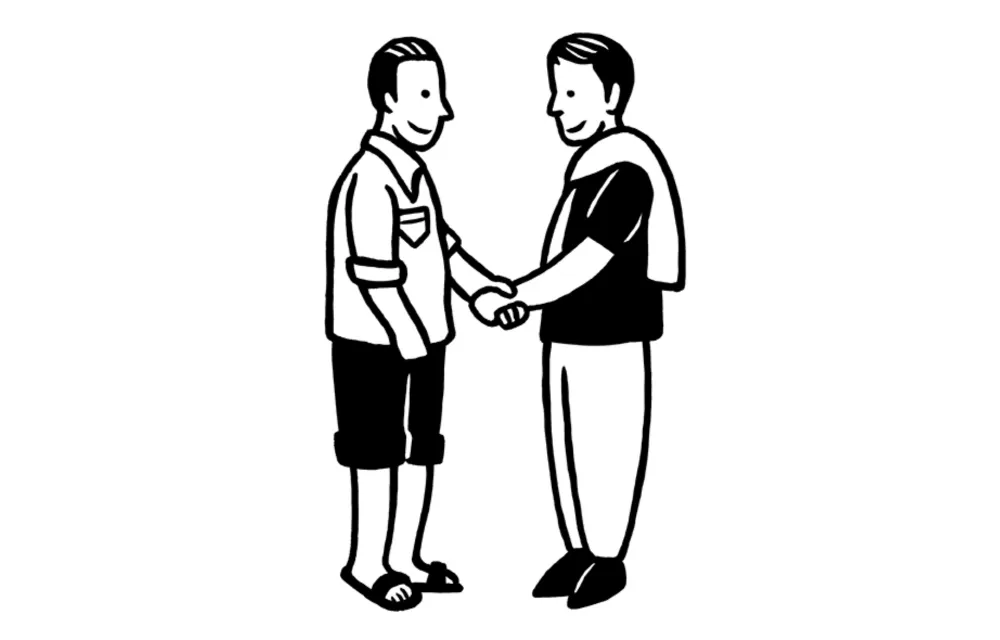 Two people shaking hands. One wears a shirt and shorts, the other wears a sweater draped over shoulders and pants.