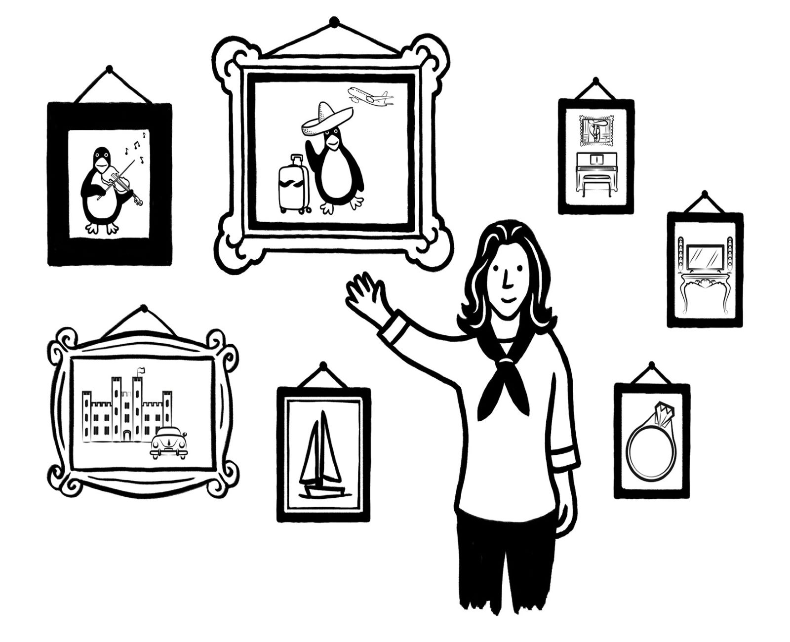 A person stands and waves in front of a wall displaying various framed pictures, including images of penguins, buildings, and objects.