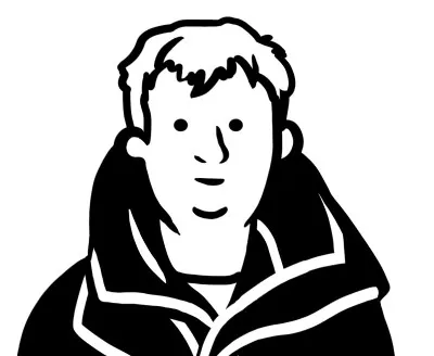 Black-and-white illustration of a person with short hair, wearing a jacket with a high collar, looking forward.