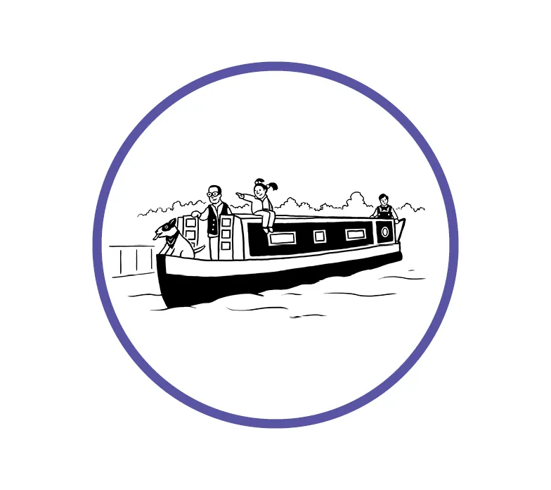 Illustration of three people and a dog on a narrowboat floating on water, with trees in the background.