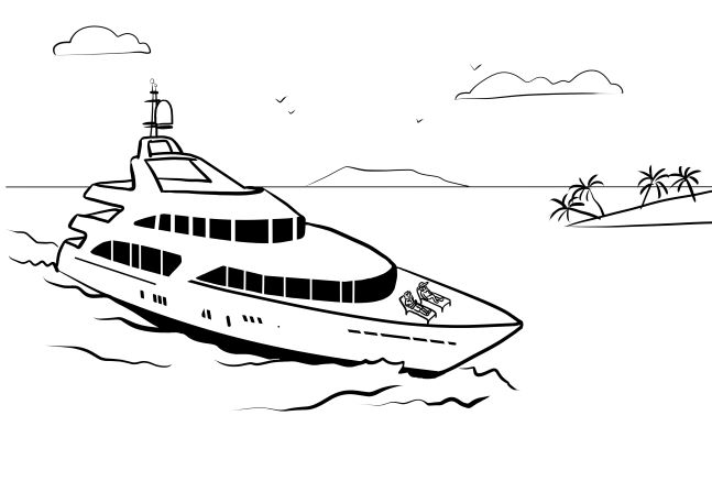 Line drawing of a yacht cruising on the sea with two lounge chairs on the deck, an island with palm trees, and birds in the sky.