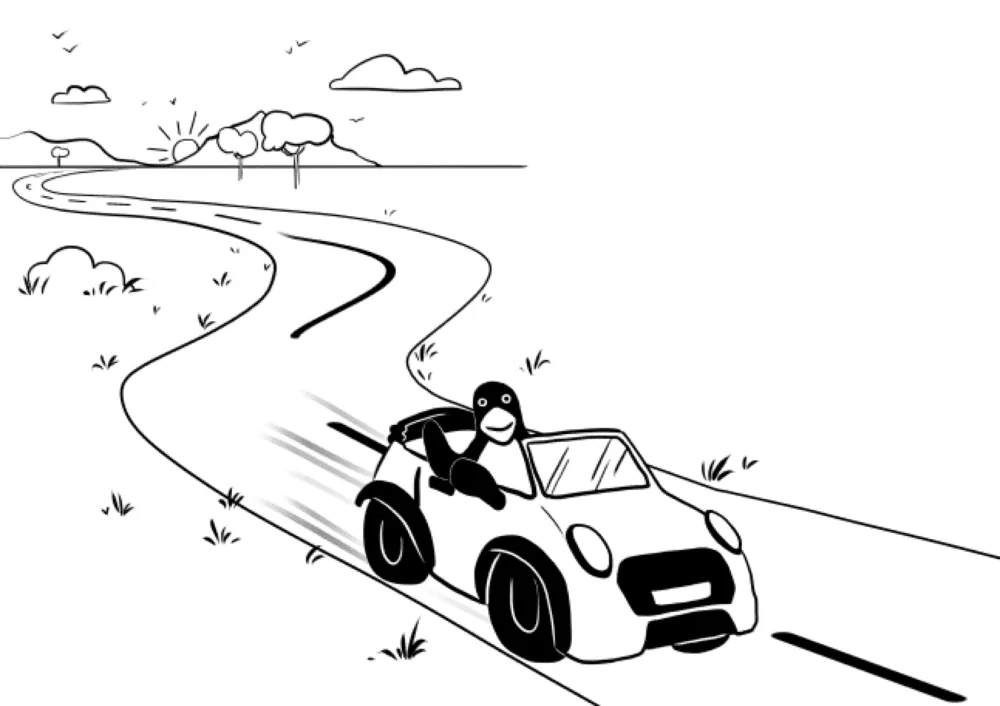 A cartoon penguin drives a small convertible car on a winding road, with a sunrise and distant mountains in the background.