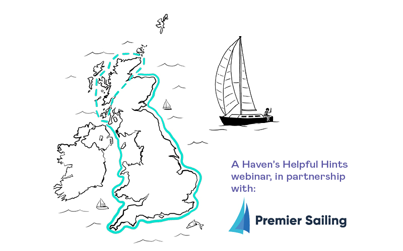 A map of the UK coastline with a sailboat illustration and text promoting a Premier Sailing webinar, 