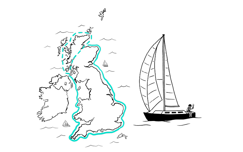 Map outline of the UK with a sailing route highlighted in blue, and a boat with a person waving on the right side.