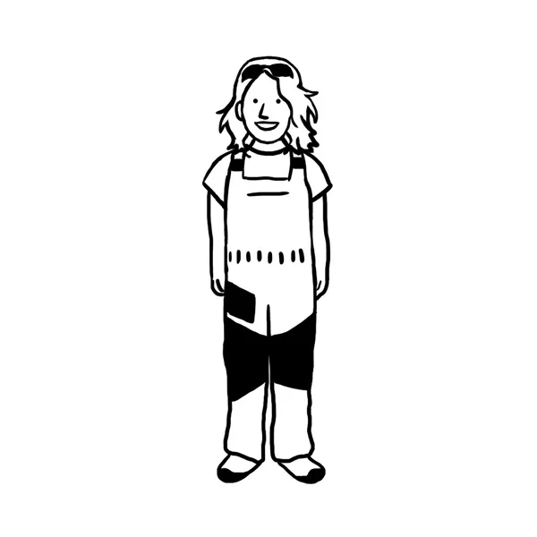 Black and white illustration of a person wearing an apron and standing, facing forward. The person has shoulder-length hair and a neutral expression.