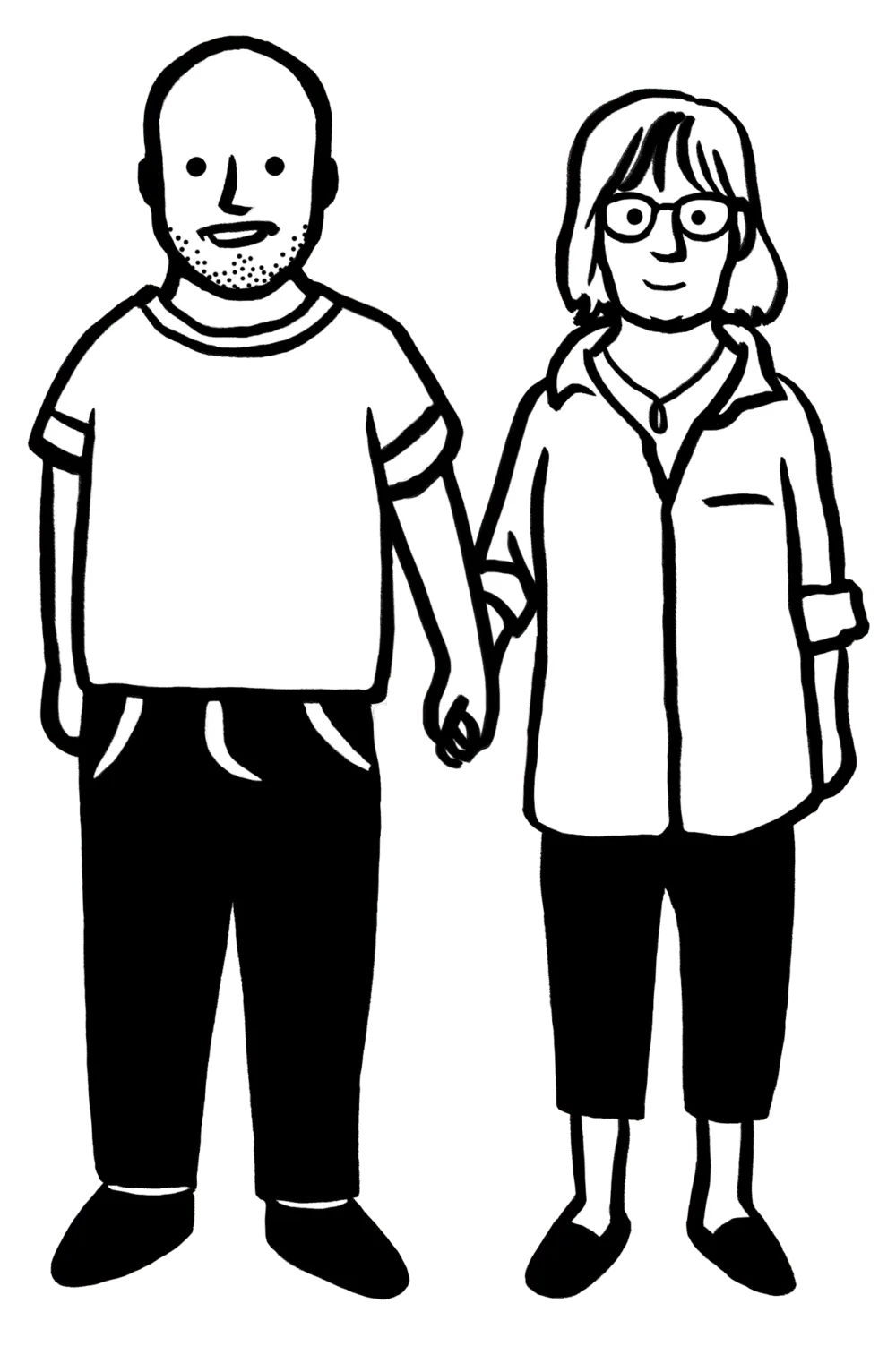 Black-and-white illustration of a man and a woman standing side by side, holding hands, both smiling.