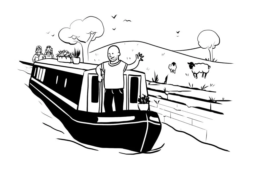 A person waves from a canal boat while three people sit on the roof; sheep graze in the nearby field under a clear sky.