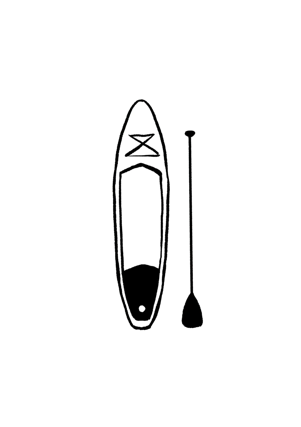 A black and white illustration of a top view of a surfboard with a pointed nose, narrow midsection, and a rounded tail.