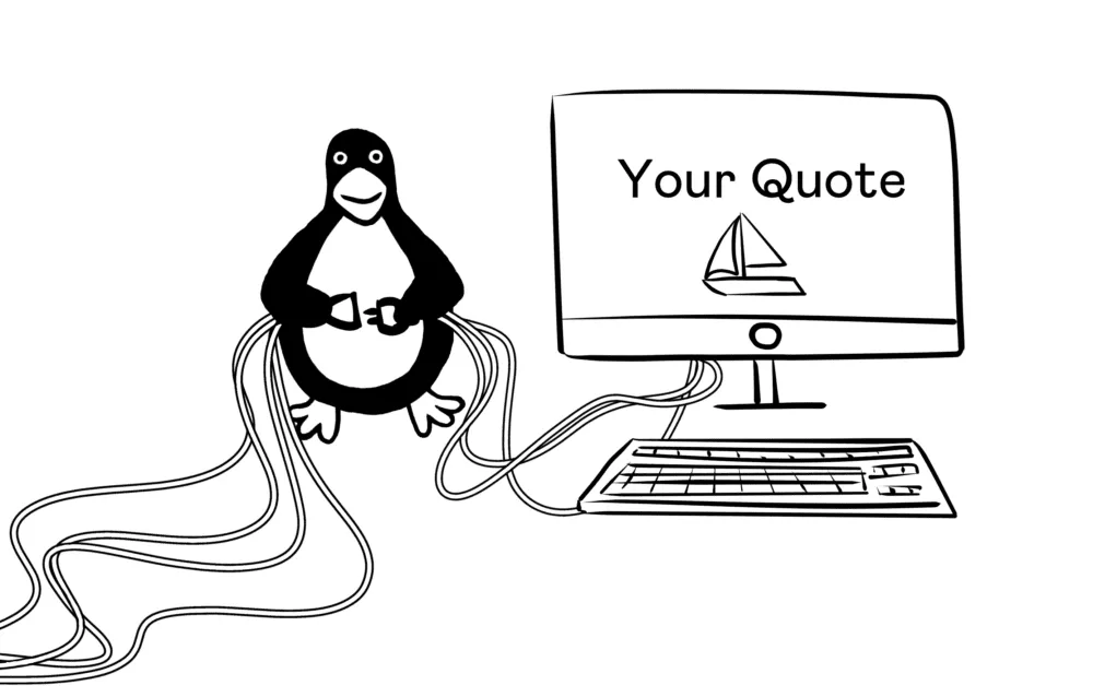 A penguin is seated next to a computer and keyboard displaying 