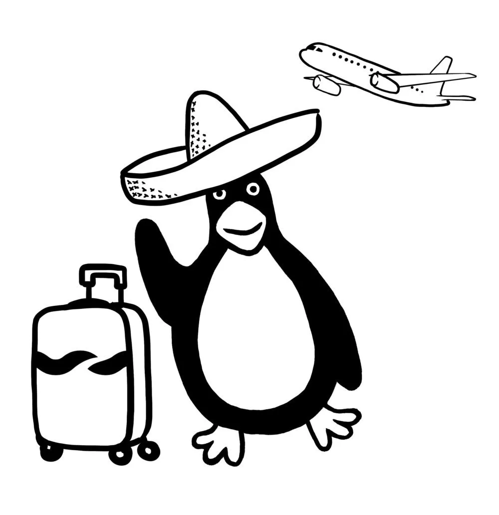 A cartoon penguin wearing a sombrero waves next to a suitcase, with an airplane flying overhead.