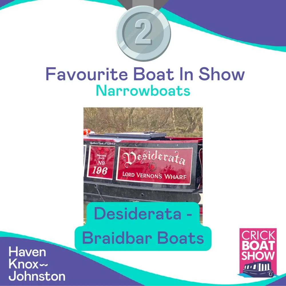 Desiderata - Braidbar Boats wins second place in the Crick Favourite Boat in Show Narrowboats category at Crick Boat Show.