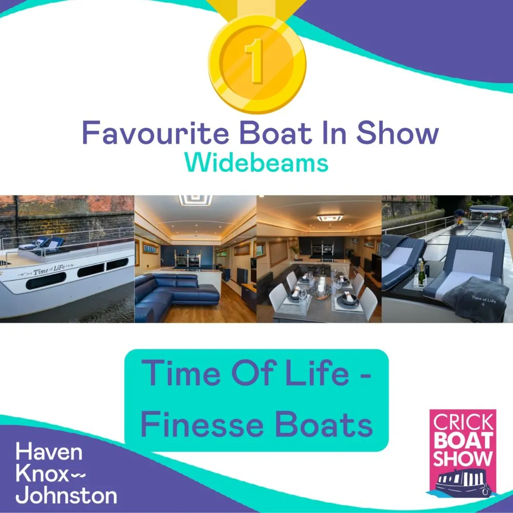 'Time Of Life' by Finesse Boats won the Crick Favourite Boat in Show award for Widebeams at the Crick Boat Show.