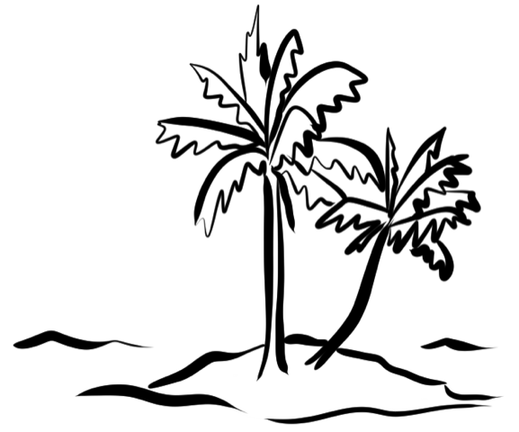 Black and white illustration of two palm trees on a small island without any additional background elements.