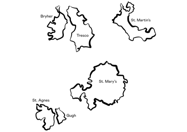 Five irregularly shaped white silhouettes represent islands on a black background, labeled 