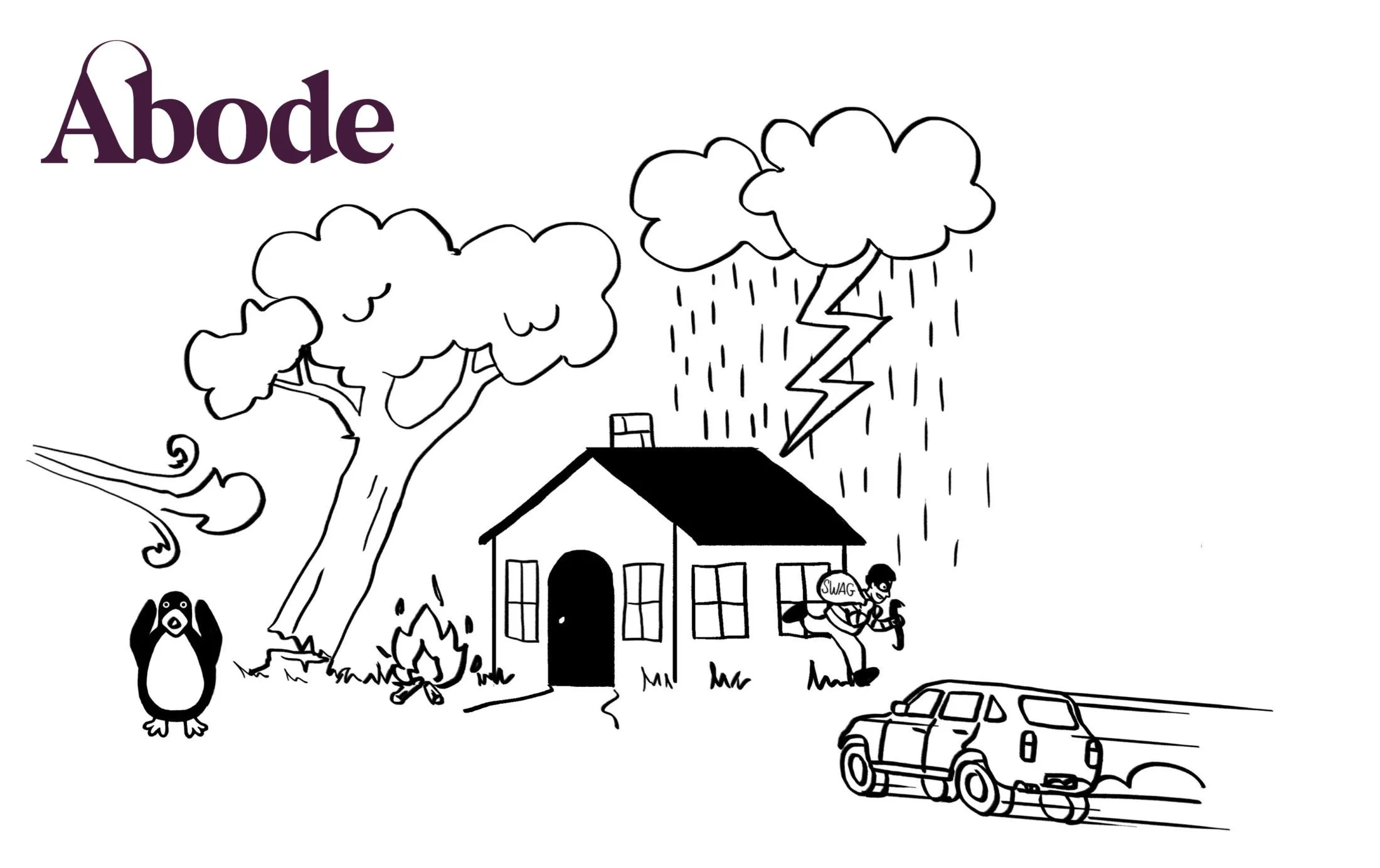 Black and white drawing showing a house in various natural disasters: wind, fire, lightning, and flood, along with a car and a penguin.