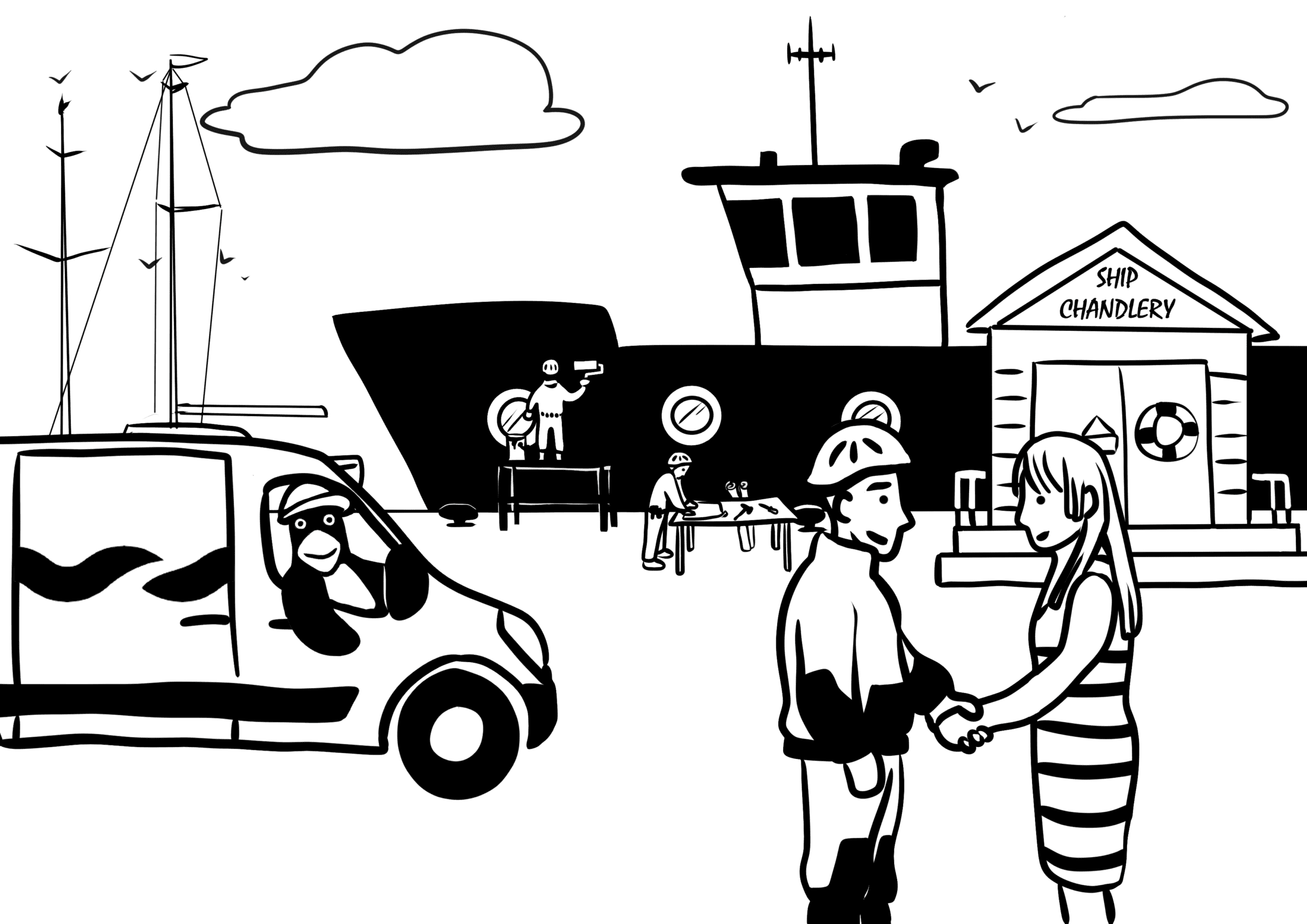 A man and woman shake hands near a ship, with another man working on a bench and a van in the background next to a chandlery.