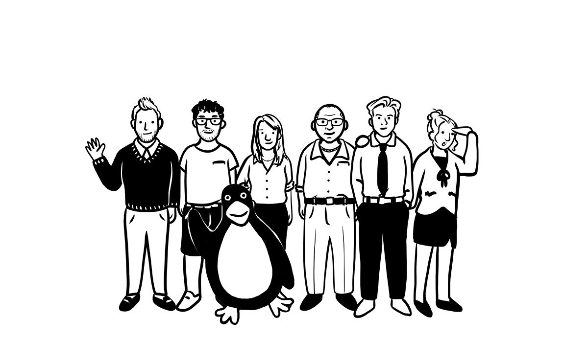 A black-and-white illustration of six people and a penguin standing in a line. One person is waving.