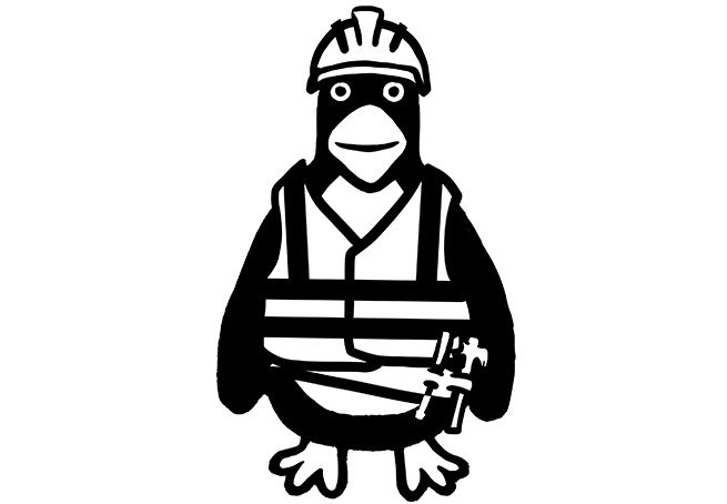 Illustration of a penguin wearing a construction hard hat and safety vest, holding a wrench.