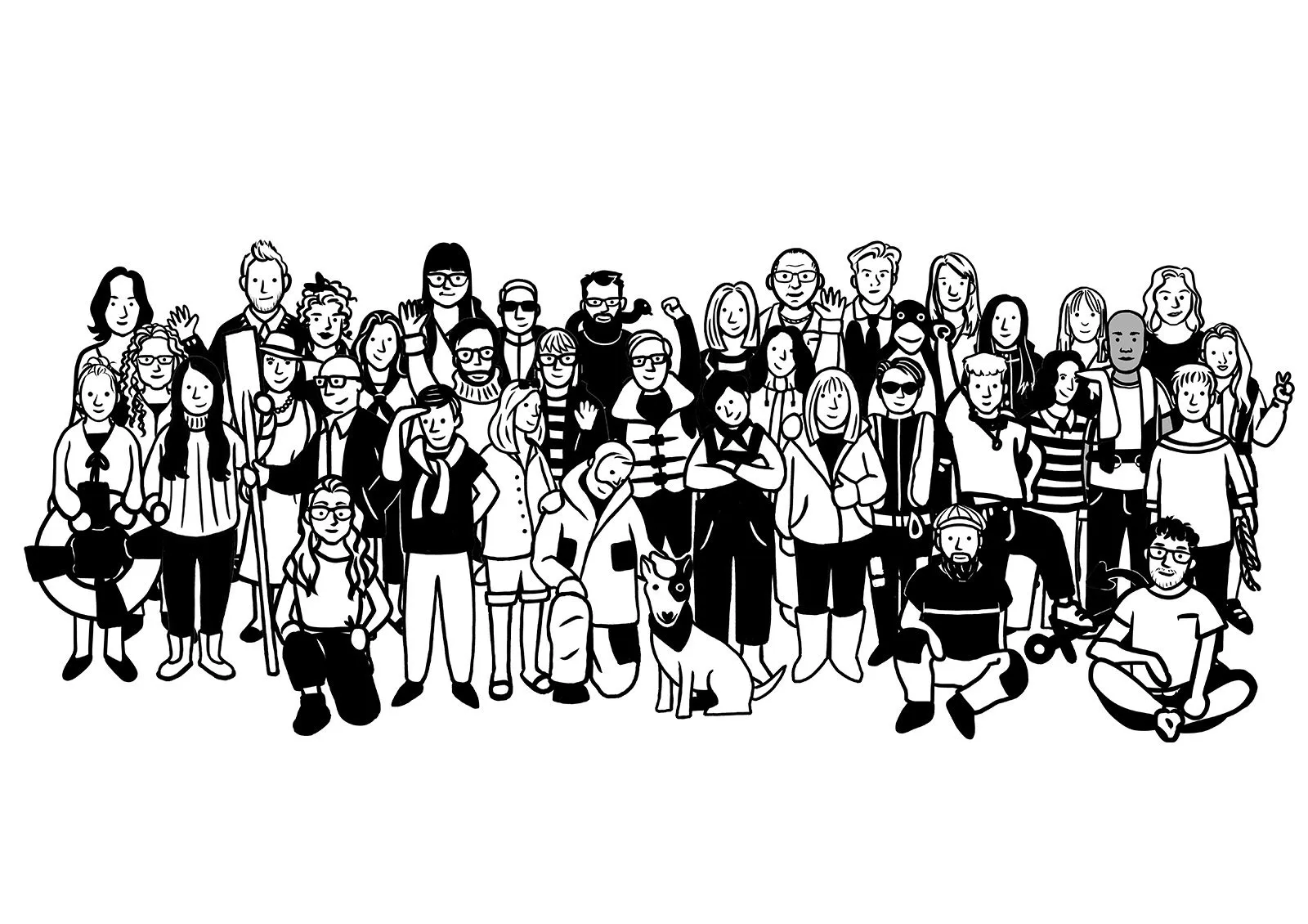 A diverse group of cartoon-style black and white characters stand and sit in a closely packed formation, some waving or smiling.