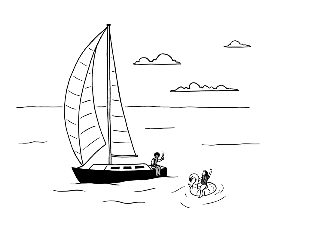 A person on a sailboat waves to another person swimming with snorkel gear in the water. The sky has a few clouds.