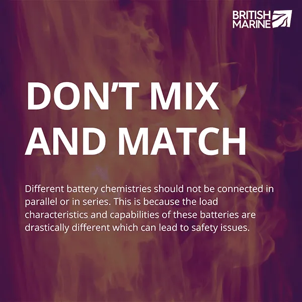 A warning message about not mixing battery chemistries, with a background of flames and British Marine logo.