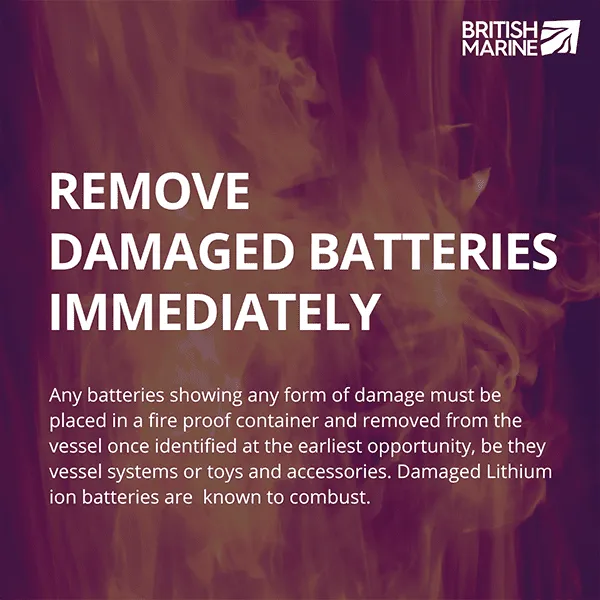 Text on image recommends immediate removal of damaged batteries, placing them in fireproof containers due to combustion risk.