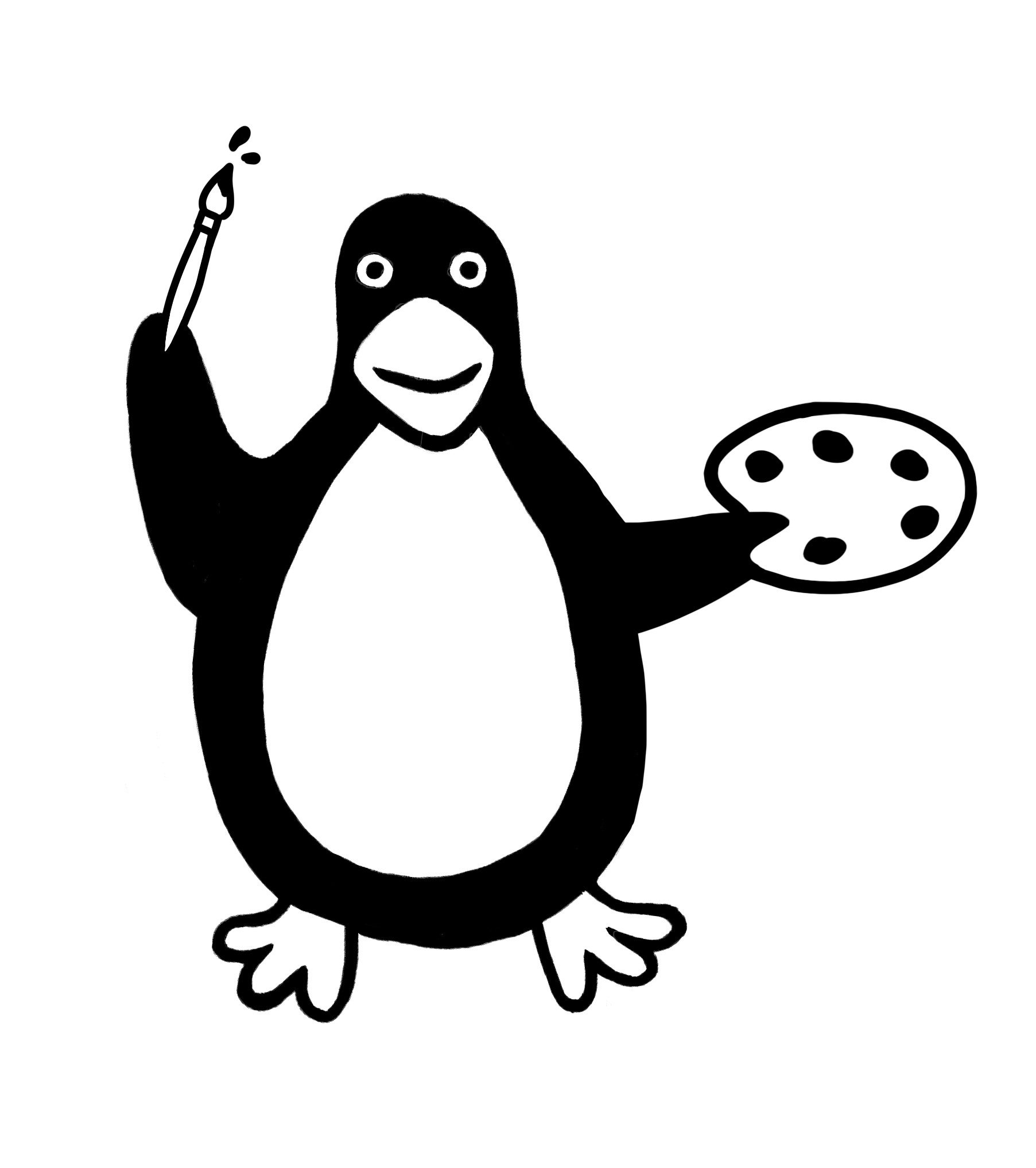 Black and white drawing of a penguin holding a paintbrush in one flipper and a painter's palette in the other.