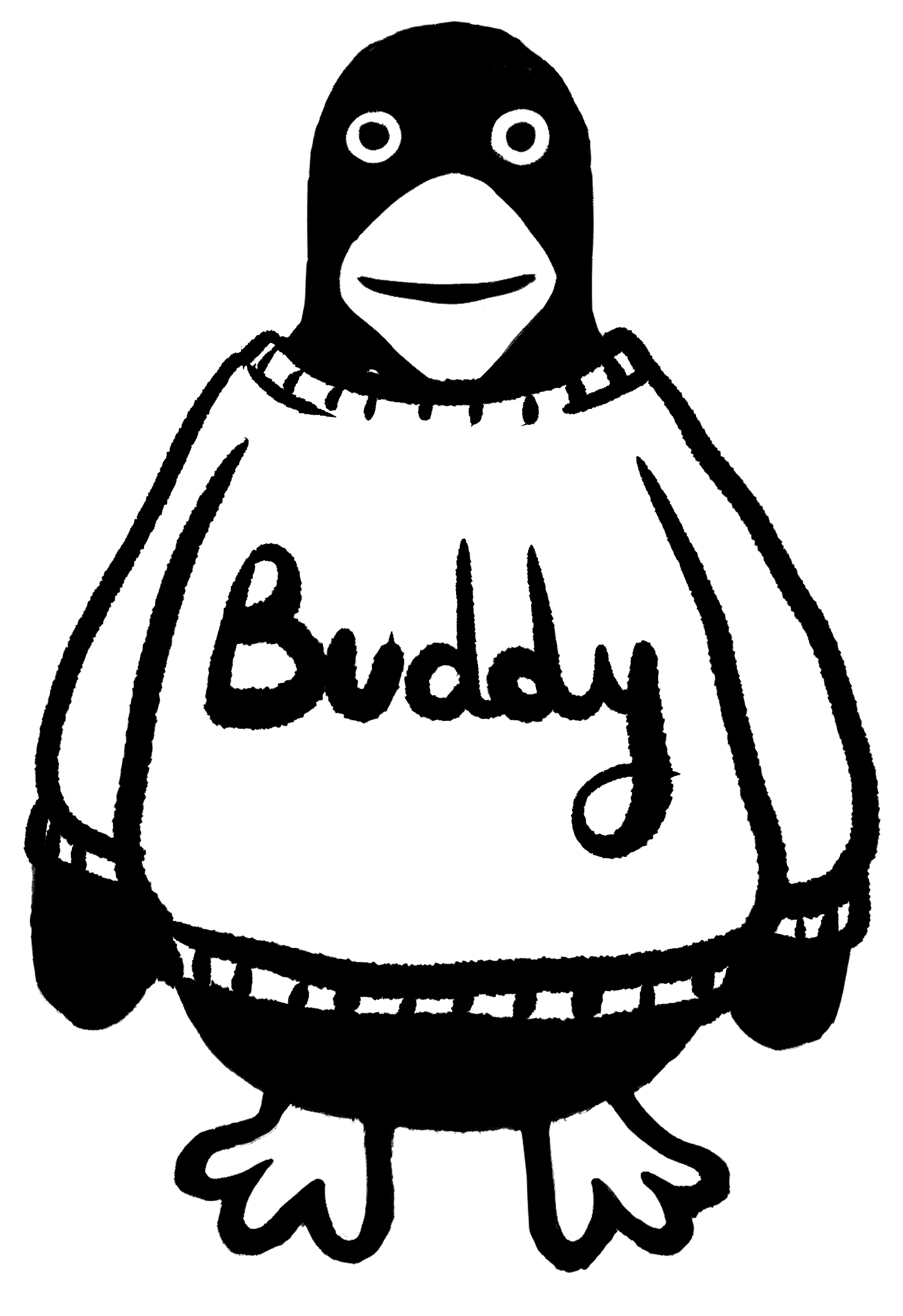 A black and white cartoon penguin wearing a sweater labeled "Buddy" across the chest.