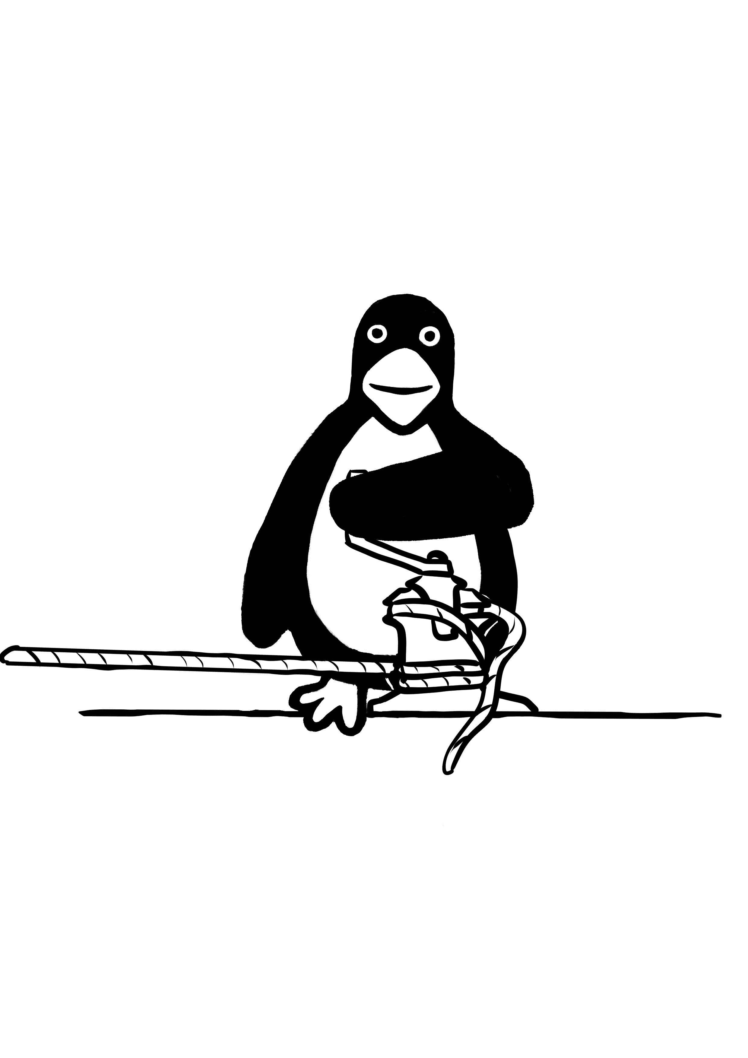 A penguin is illustrated perched on a rope, attempting to use a manual drill with the drill bit pointed at the rope.