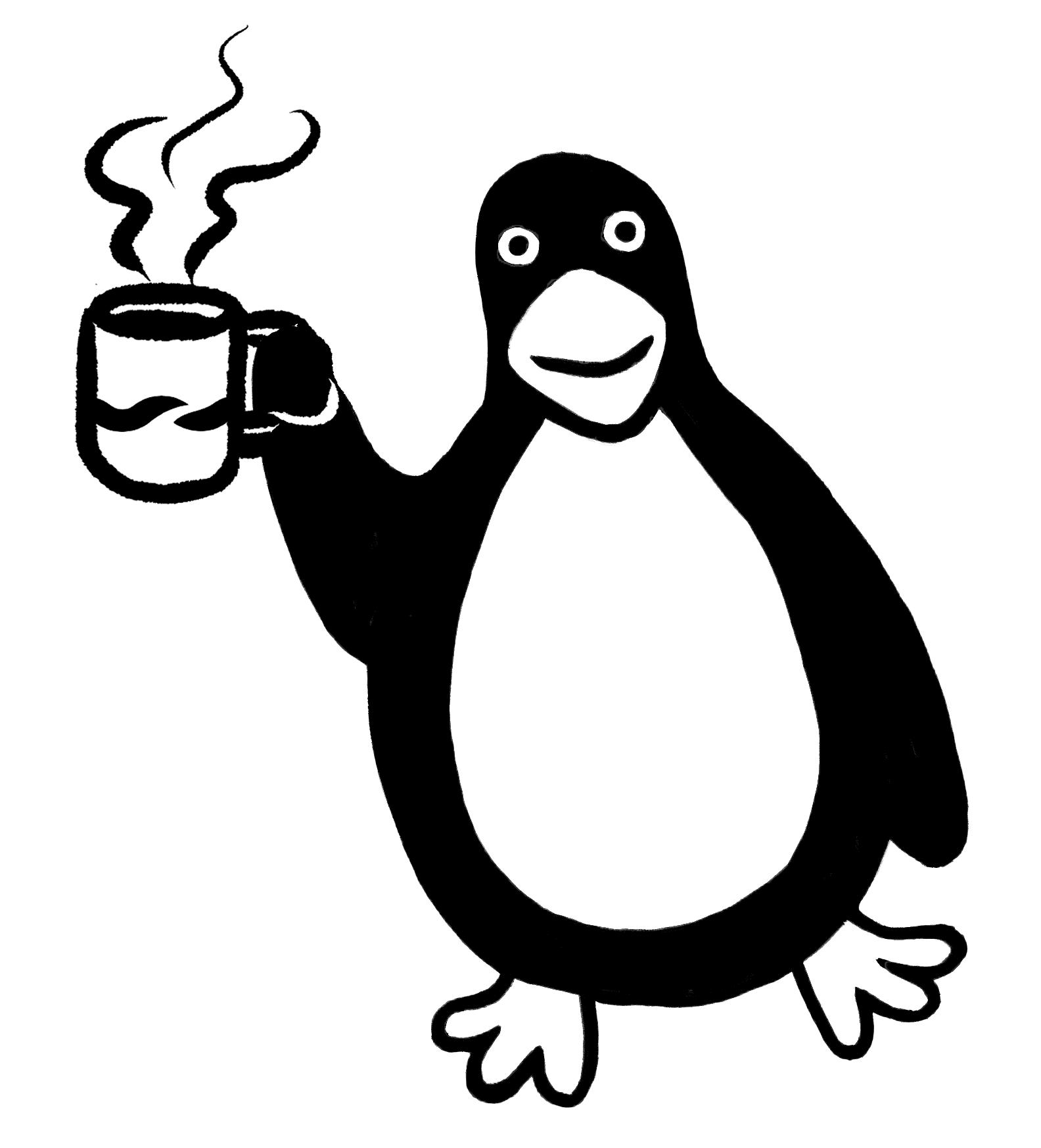 A cartoon penguin holding a steaming coffee mug in its right flipper against a plain background.