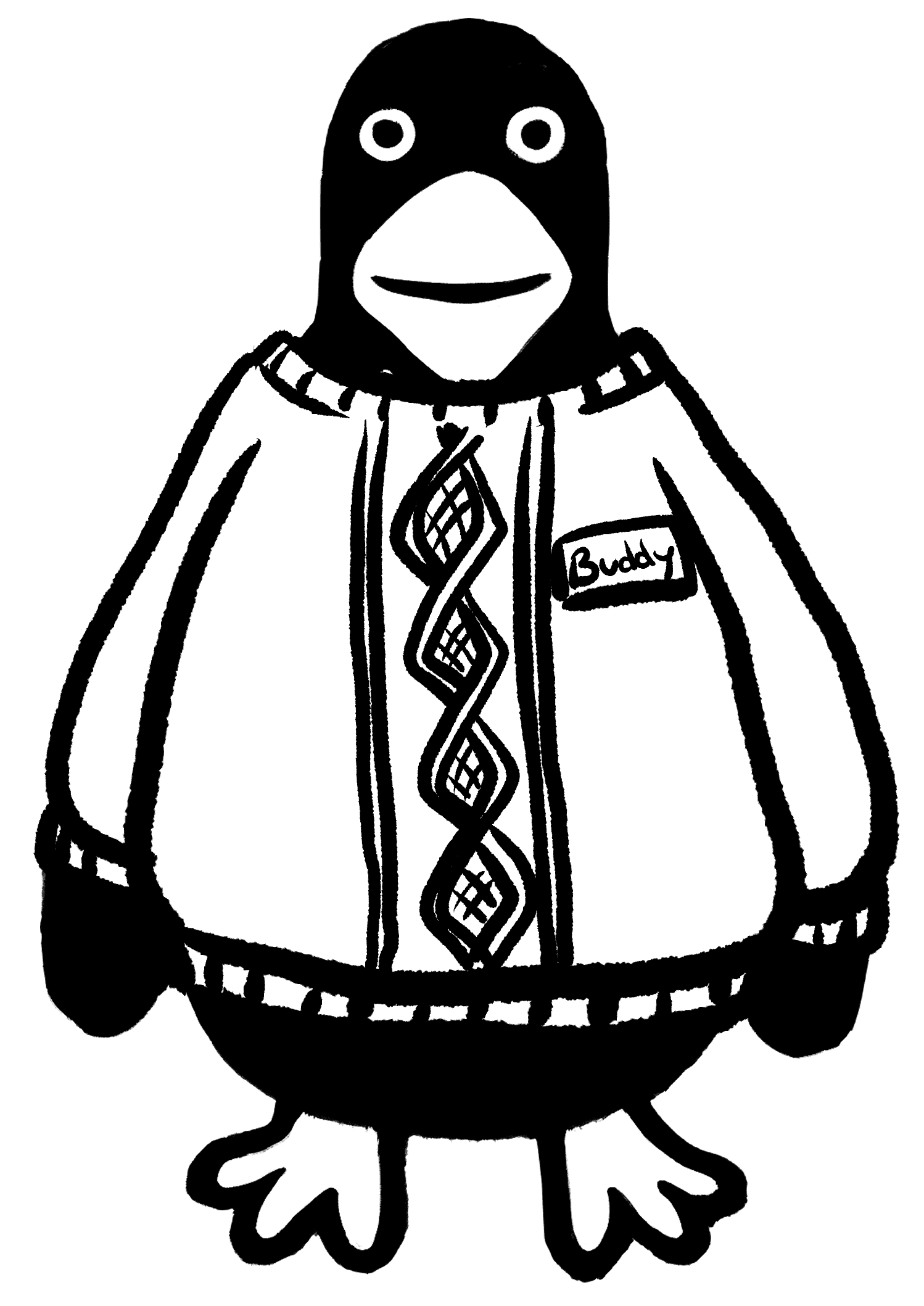 Black and white illustration of a penguin wearing a cardigan with the name tag "Buddy.