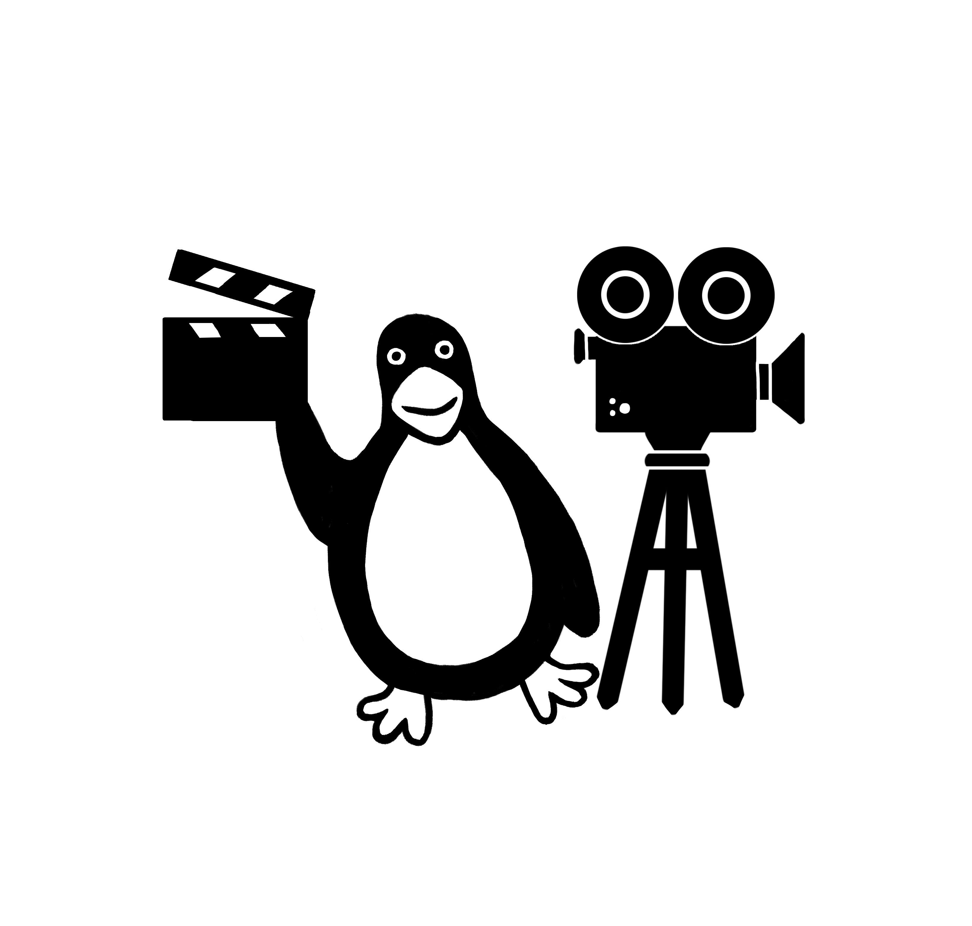 A penguin holding a clapperboard stands next to an old-fashioned movie camera on a tripod.