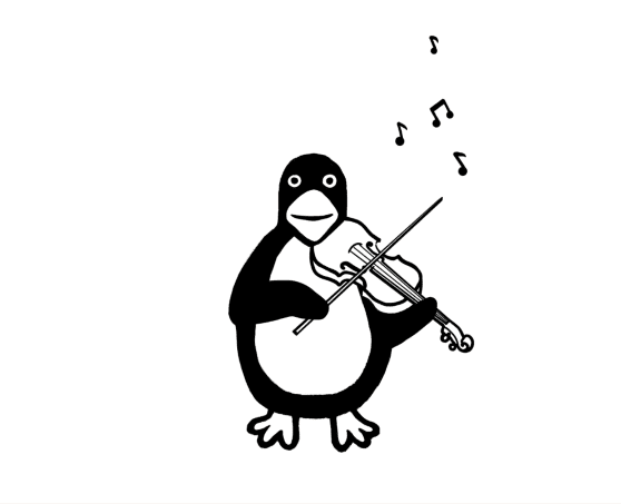 Black and white illustration of a penguin playing a violin with musical notes floating above its head.