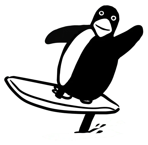 A black and white cartoon penguin balances on a surfboard, with its flippers spread out for balance.