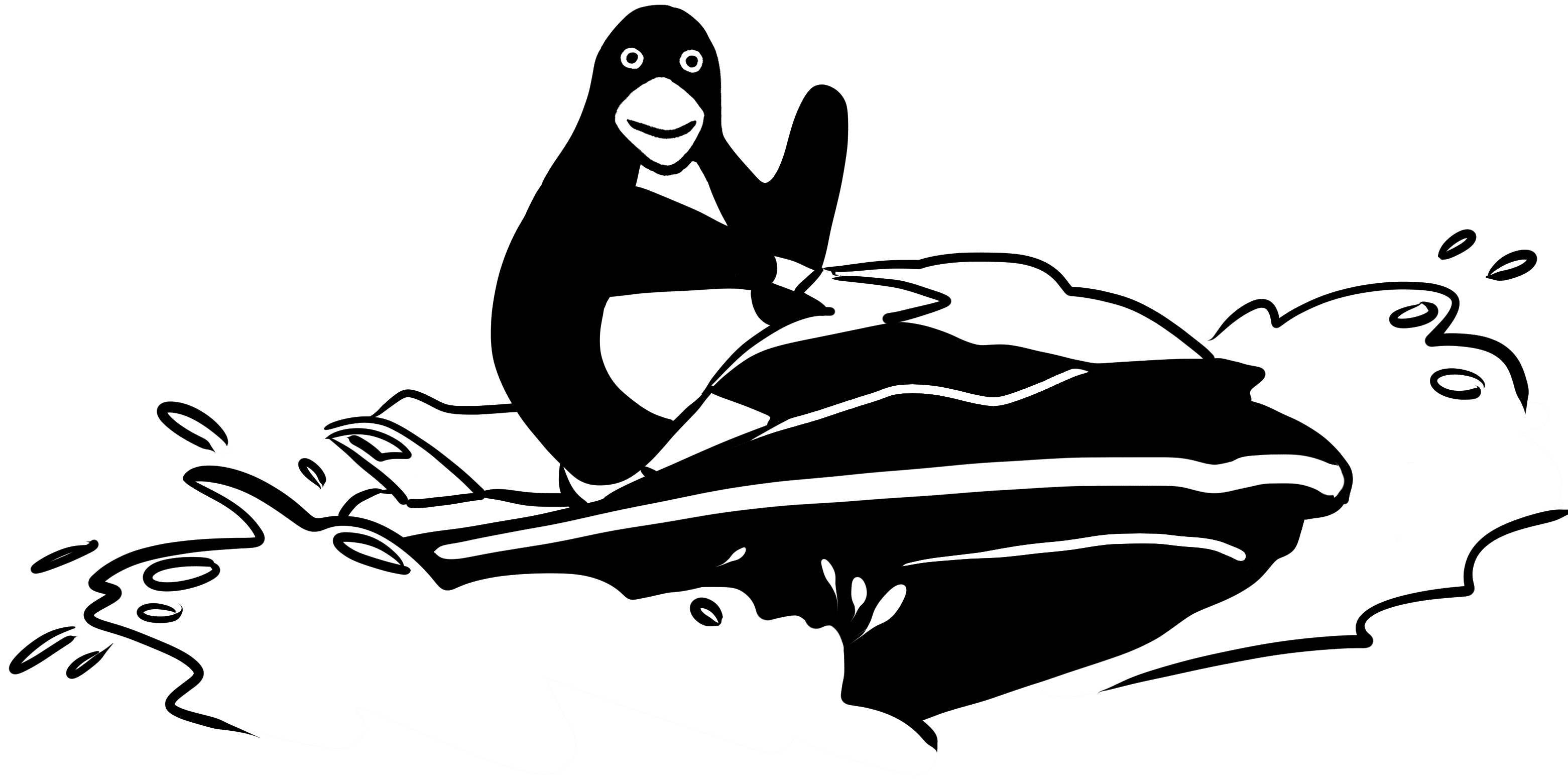 A cartoon penguin riding a jet ski with splashing water around it.